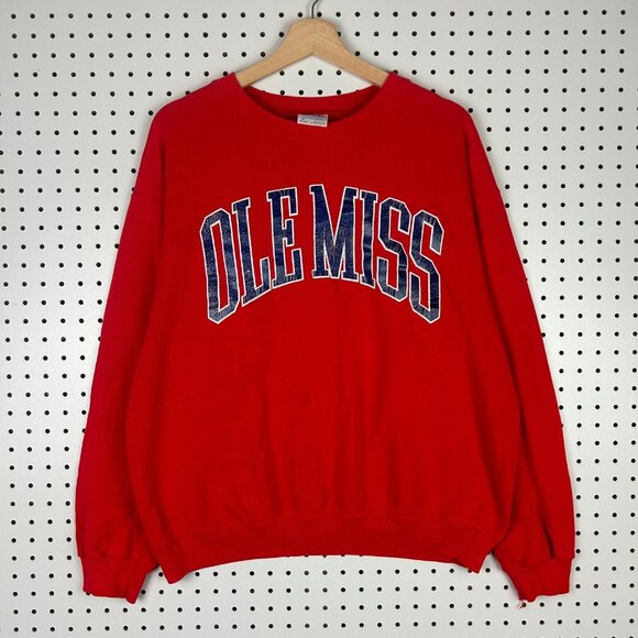 Ole Miss Vtg 90s Crewneck Large Sweatshirt Rebels Red Blue Hanes Colonel - Picture 1 of 6